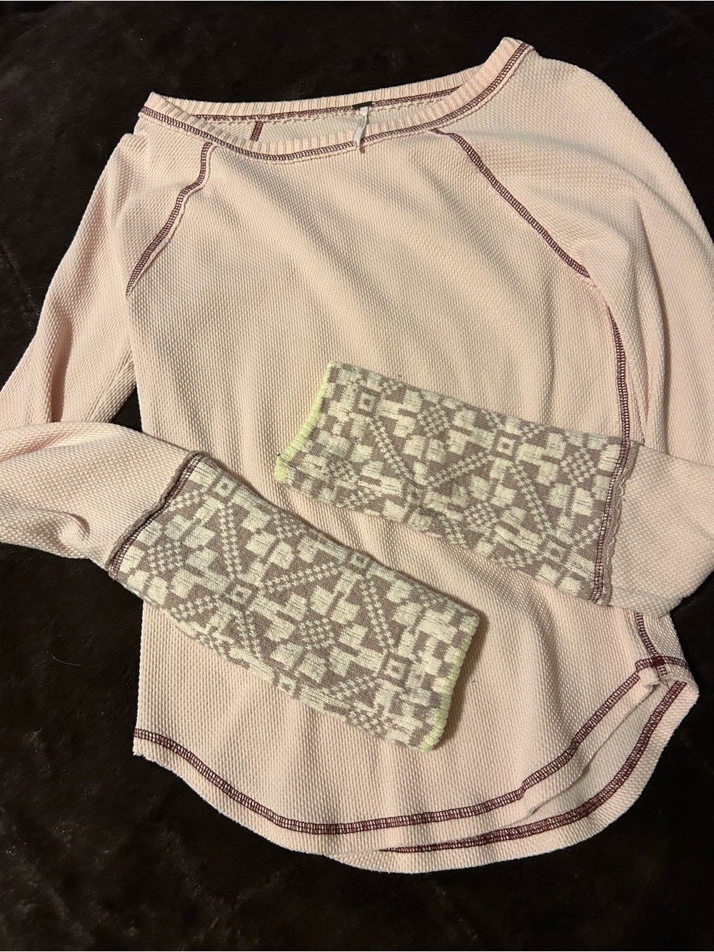 Free People Pink Scoop Neck Sweater with Patterned Cuffs